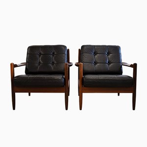 Mid-Century Scandinavian Wood & Black Leather Armchairs, Set of 2