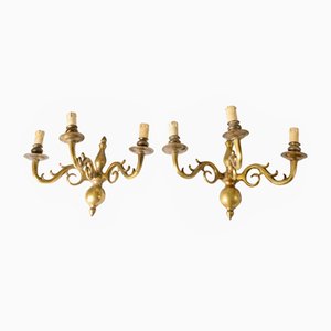 Italian Brass 3-Light Wall Lamps, 1950s, Set of 2