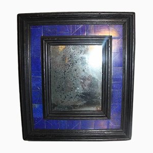 Petit Miroir Antique en Lapis Lazuli et Bois Noirci