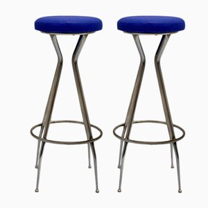 Tabourets de Bar en Métal Chromé avec Siège en Skaï Bleu, 1950s, Set de 2