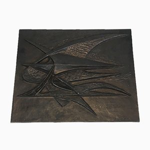 Placa de chimenea modernista de hierro fundido de G. Lecoff, años 50