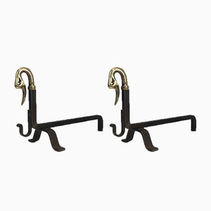 Vintage Iron and Brass Andirons with Duck Heads, 1940s, Set of 2