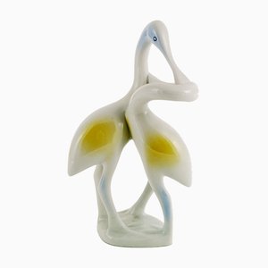 Art Deco Hungarian Porcelain Swan Couple Statuette from Holloaza, 1930s