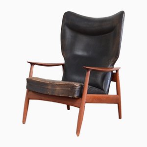 Wingback Leather Lounge Chair by K. Rasmussen for Peter Wessel, 1960s