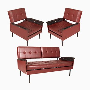 Italian Cubist Iron & Faux Leather Armchairs and Daybed, 1960s, Set of 3