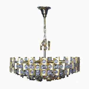 Large Mid-Century Brutalist Gilt Brass & Crystal Chandelier from Palwa, 1960s