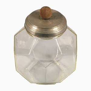 Vintage Art Deco Glass & Aluminum Jar with Wooden Spherical Handle