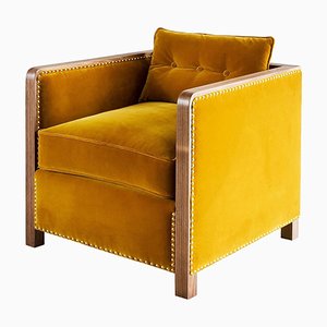 Fauteuil Style Bacco Art Deco en Noyer Naturel et Velours par Casa Botelho