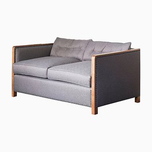 Art Deco Style Bacco Two-Seater Sofa in Natural Walnut & Linen with Gunmetal Studs by Casa Botelho