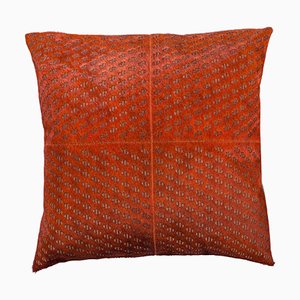 Burnt Orange Patterned Cowhide Cushion with Leather Zip Tassels by Casa Botelho