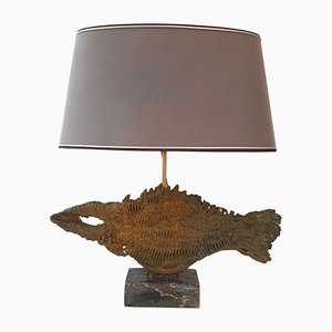 Französische brustalistische Tischlampe aus Bronze & Marmor in Fisch-Optik, 1970er