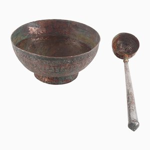 17th Century Heavy Copper Bowl with Tin Covered Ladle, Set of 2