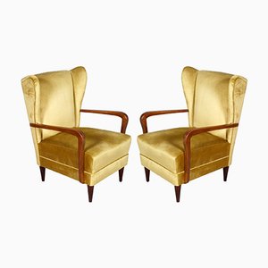 Italian High Back Golden Velvet Lounge Chairs by Gio Ponti, 1930s, Set of 2