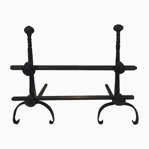 Antique Wrought Iron Andirons with Double Bars, Set of 2