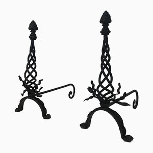 Vintage Twisted Wrought Iron Andirons with Finials, Set of 2