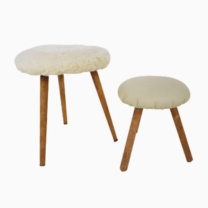 Tabourets Vintage en Peau de Mouton & en Cuir, Set de 2