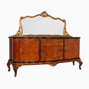 Baroque Style Venetian Walnut & Maple Inlay Credenza with Mirror, 1920s