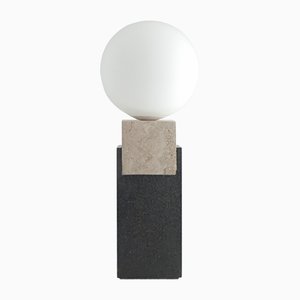 Square Monument Table Lamp in Travertine, Solid Steel, & Glass by Louis Jobst, 2016