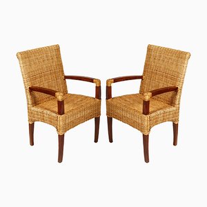 Set of French Art Deco Walnut & Rattan Chairs, 1930s