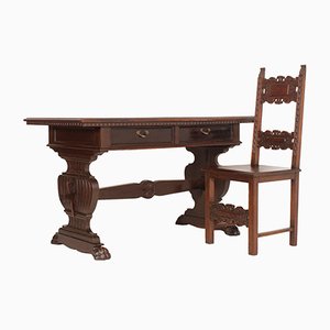 19th Century Hand Carved Solid Walnut Desk with Chair from Dini & Puccini, Set of 2