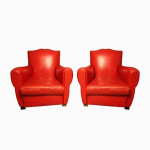 Set of Art Deco French Red Leather Mustache Back Club Chairs, 1930s
