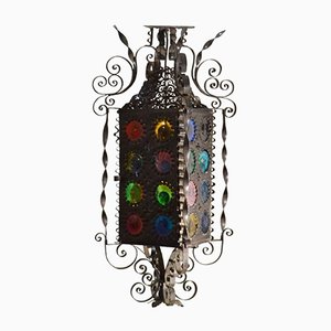 Antique Venetian Wrought Iron Lantern with Stained Glass Disks