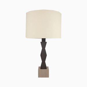 Zig Zag Ridge Lamp with Geometric Oak Base & Linen Shade by Louis Jobst