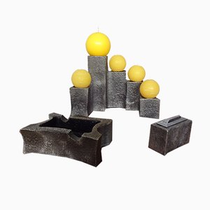 Brutalist Sculptural Iron Candleholder, Ashtray & Lighter, 1960s, Set of 3