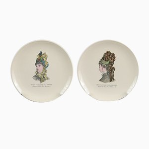 Platos de cerámica vintage con estampado de moda, años 50. Juego de 2