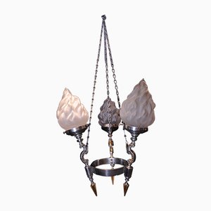 Vintage Art Deco 3-Branch Chrome & Brass Suspension Light