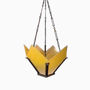 Vintage Art Deco Brass Crown-Shaped Pendant Light with Yellow Frosted Glass Panes