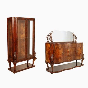 Art Deco Burl Walnut Credenza and Display Cabinet by Testolini & Salviati, 1920s, Set of 2