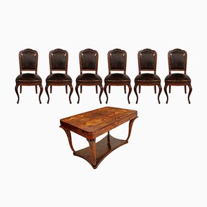 Mesa y sillas Art Déco de nogal nudoso de Testolini & Salviati, años 20. Juego de 7