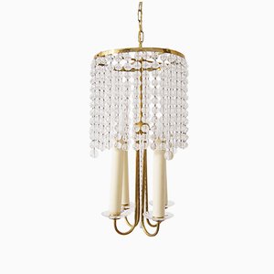 Lampadario in ottone con perle di vetro, anni '40