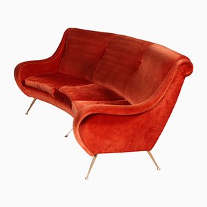 Three-Seat Velvet & Brass Curved Sofa by Marco Zanuso, 1950s