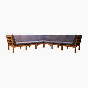 Large Blue Grey Modular GE 280 Oak Sofa by Hans J. Wegner for Getama, 1980s, Set of 7