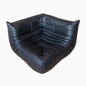 Canapé d'Angle Togo Vintage en Cuir Noir par Michel Ducaroy pour Ligne Roset