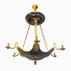 Lámpara de araña estilo imperial antigua de bronce dorado con cuello de cisne