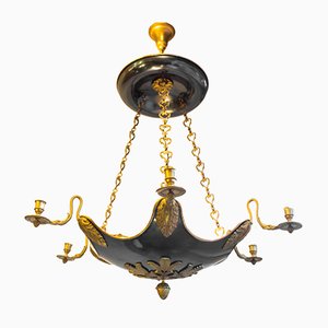 Lustre Antique Style Empire en Bronze Doré & Col de Cygne