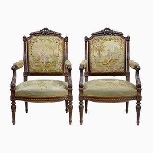 Fauteuils Tapissés du 19ème Siècle en Noyer Sculpté, Set de 2