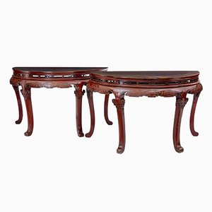 Antique 19th-Century Chinese Red Lacquered Demi Lune Tables, Set of 2