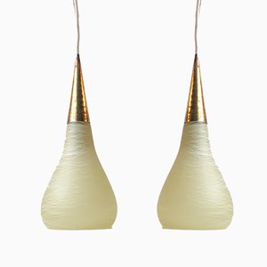 Vintage Italian Threaded Glass & Brass Pendant Lights, 1970s, Set of 2