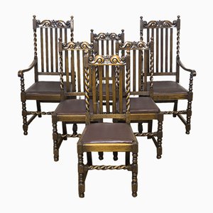 Jacobean Style Oak Chairs, 1920s, Set of 6