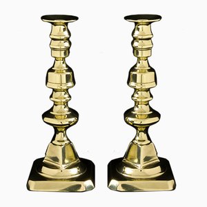 Victorian Knop-Stemmed Brass Candlesticks, Set of 2