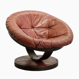 Mid-Century Scandinavian Red Leather Ball Swivel Chair, 1960s