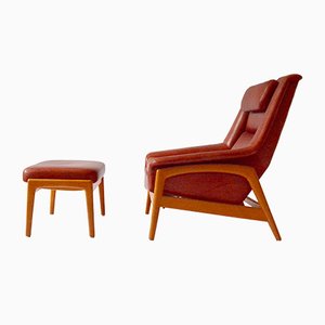 Roter Ledersessel & Fußhocker von Folke Ohlsson für Dux, 1960er, 2er Set