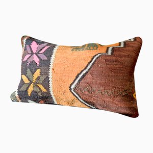 Black, Orange, Brown, & White Floral Wool Lumbar Kilim Pillow by Zencef, 2011