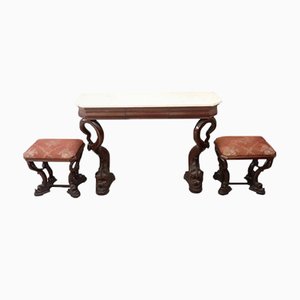 Antique Carved Walnut Console & 2 Stools, 1825, Set of 3