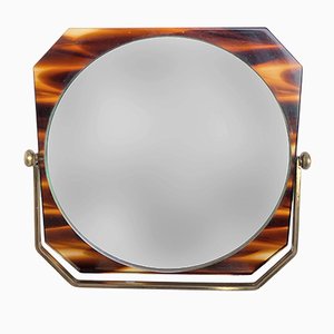 Italian Brass & Tortoise Acrylic Glass Table Mirror, 1970s
