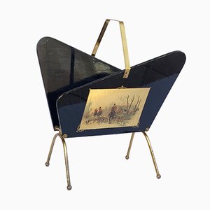 Ebonized Wood & Brass Magazine Rack, 1950s